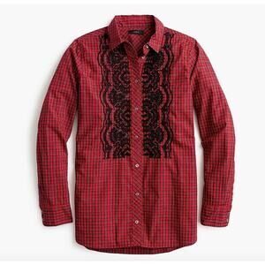 J Crew Red Holiday Plaid Black Embellished Button-Down Long Sleeve Boy Shirt 2P